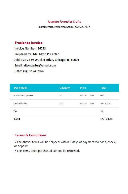 Free Freelance Invoice Form Template PSD template